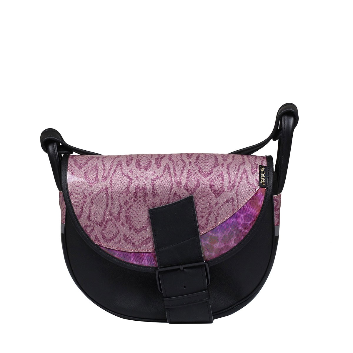 czarna z klapą z ozdobnej skóry w kolorze fioletowym  damska torebka listonoszka skórzana na ramię Freshman Mini
