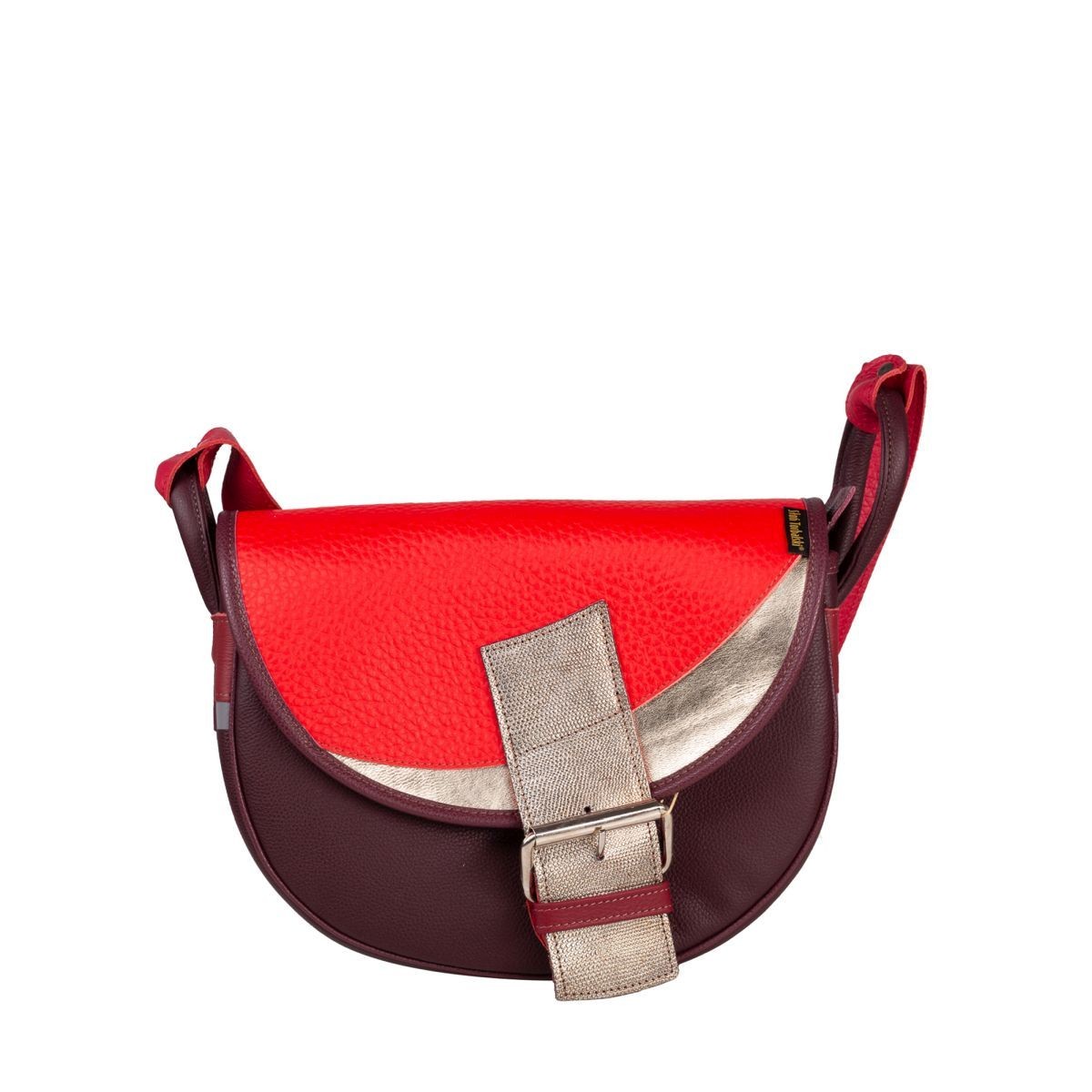 brązowa z klapą w kolorze czerwonym  damska torebka listonoszka skórzana na ramię Freshman Mini