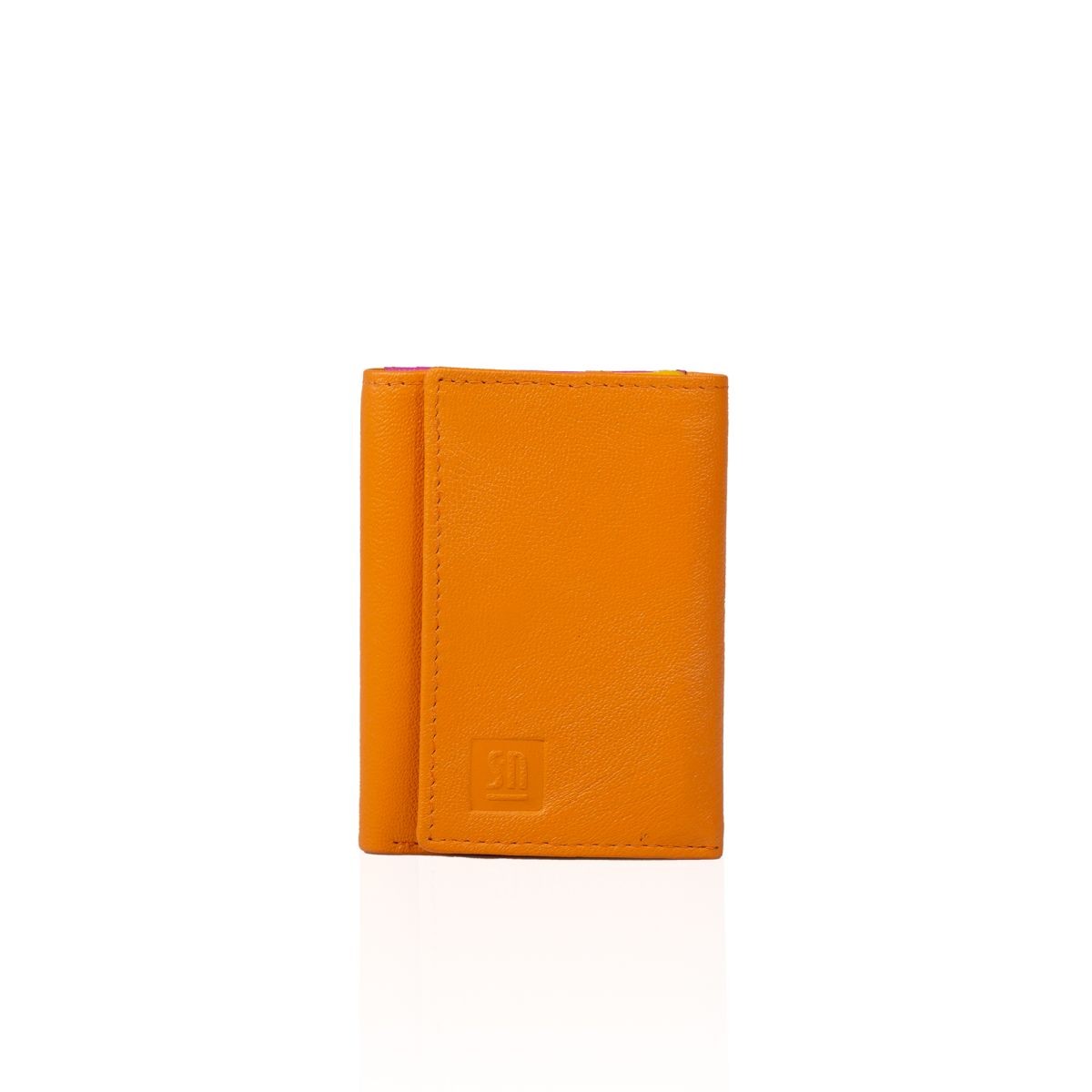 pomarańczowy portfel skórzany z różowyymi, niebieskim i żółtą wstawkami