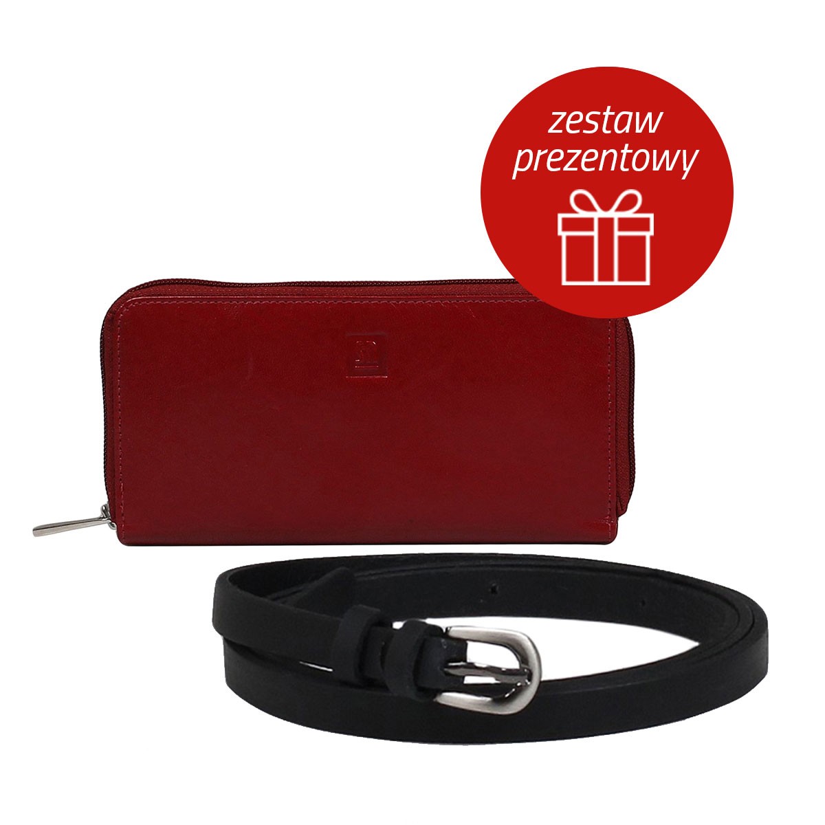 zestaw prezentowy damski z czarnym paskiem i czerwonym portfelem skórzanym