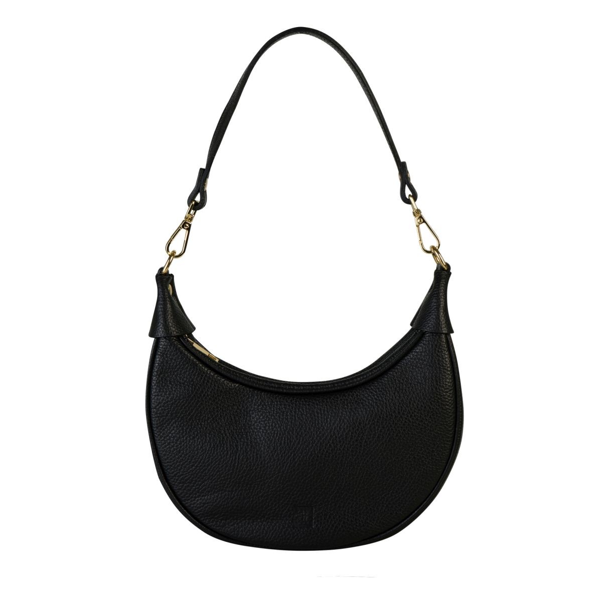 Czarna torebka skórzana półksiężyc z odpinanym paskiem, model Aria
