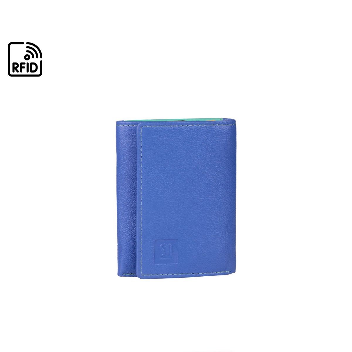 niebiesko-żółto-zielony mały portfel skórzany z wyciaganym etui na wizytówki