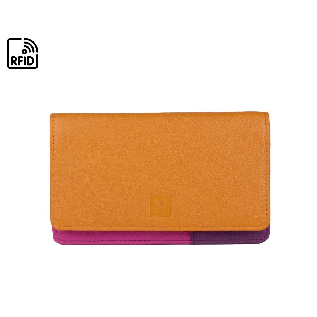 pomarańczowy portfel skórzany z kolorowym wnętrzem