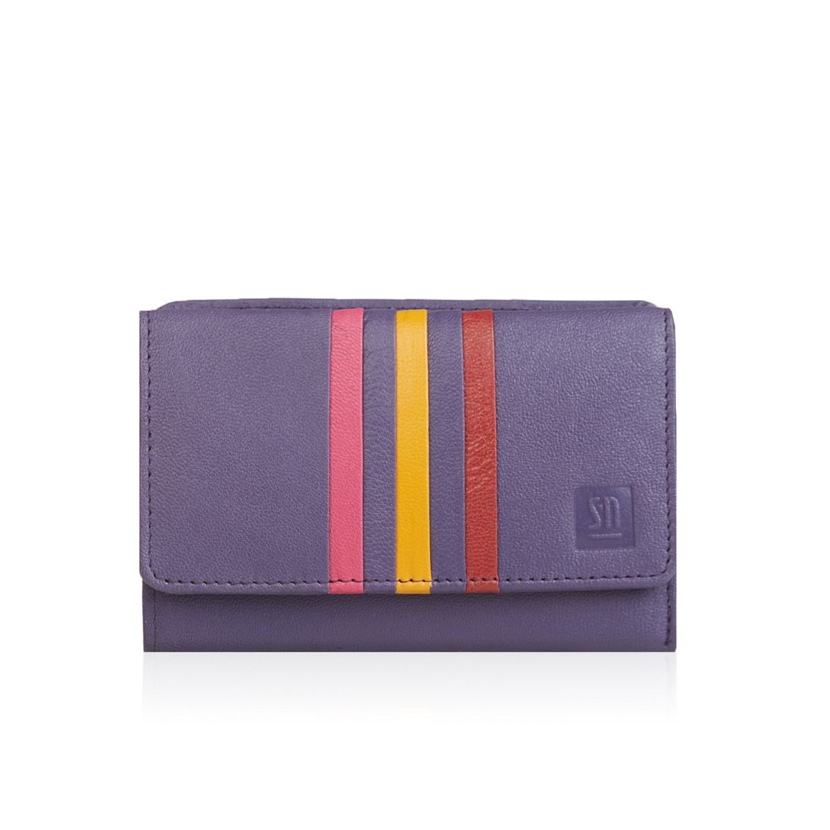 fioletowy portfel skórzany damski z ozdobnymi wstawkami