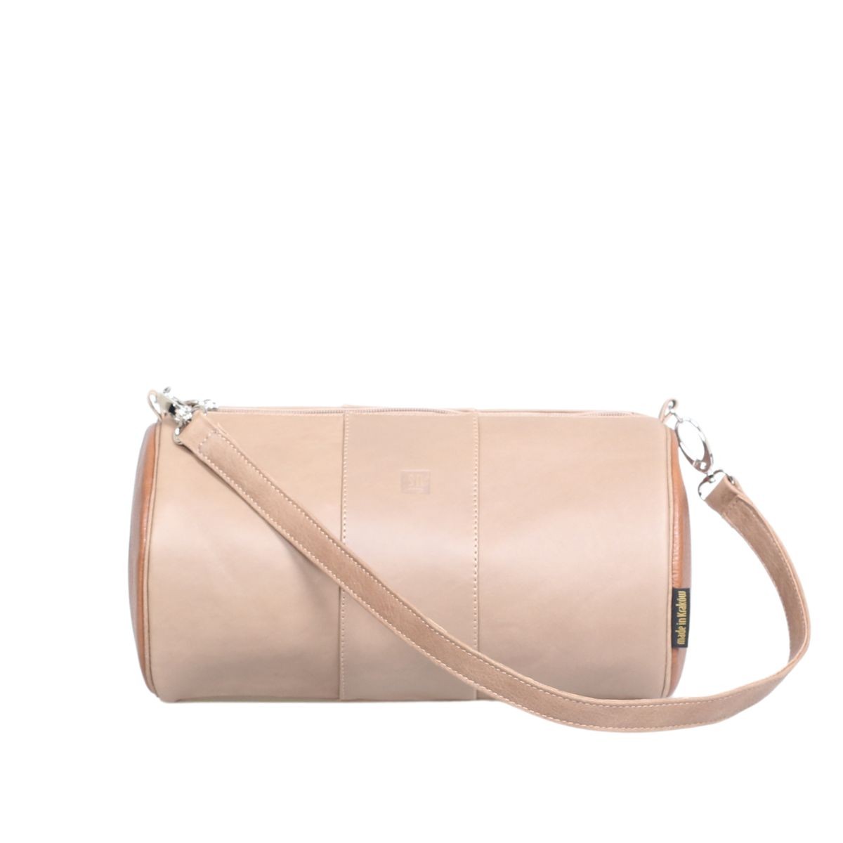 beżowa skórzana okrągła torebka tuba
