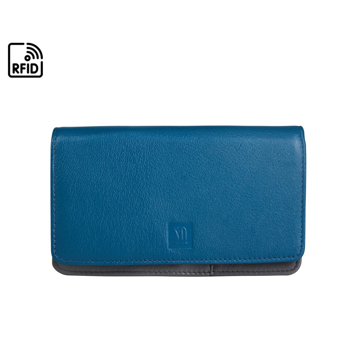 niebiesko-popielaty portfel skórzany damski z dwoma kieszonkami na zamek