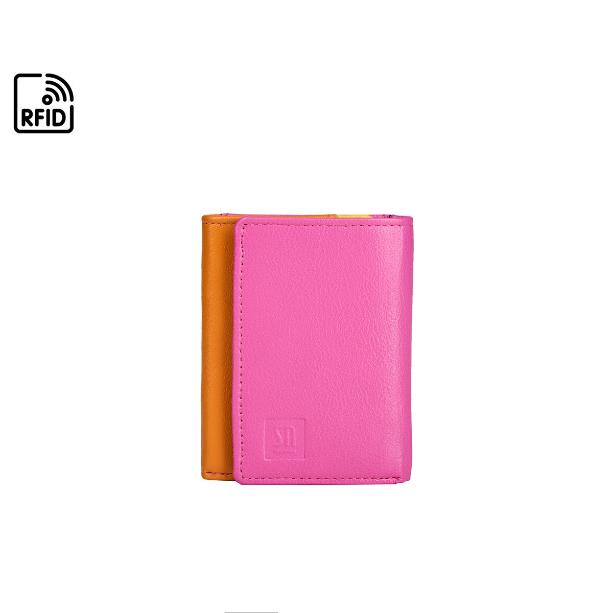 różowo-niebieski kolorowy mały portfel skórzany z wyciaganym etui na wizytówki