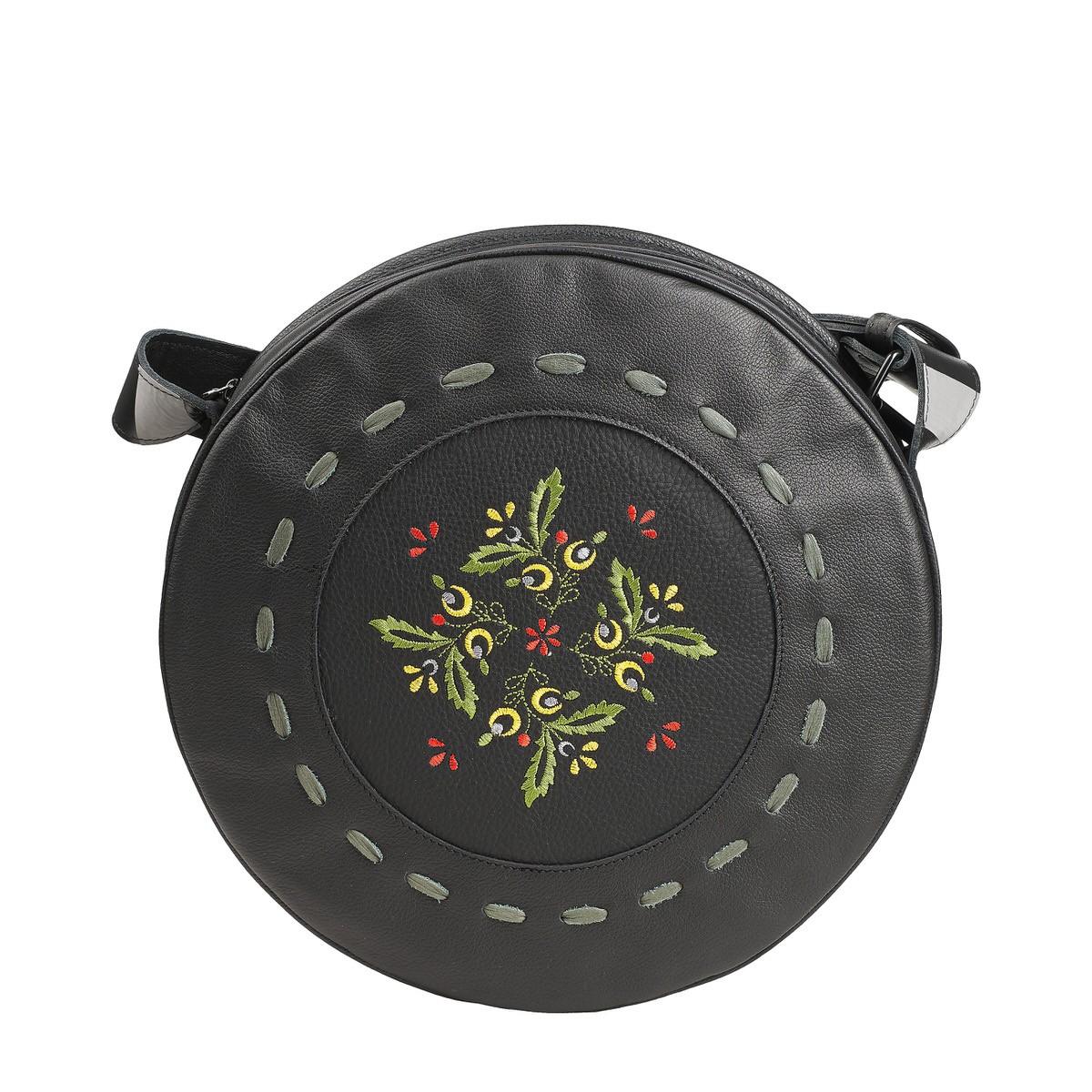 czarna okrągła damska  torebka skórzana z haftem  na ramię Hela Flo