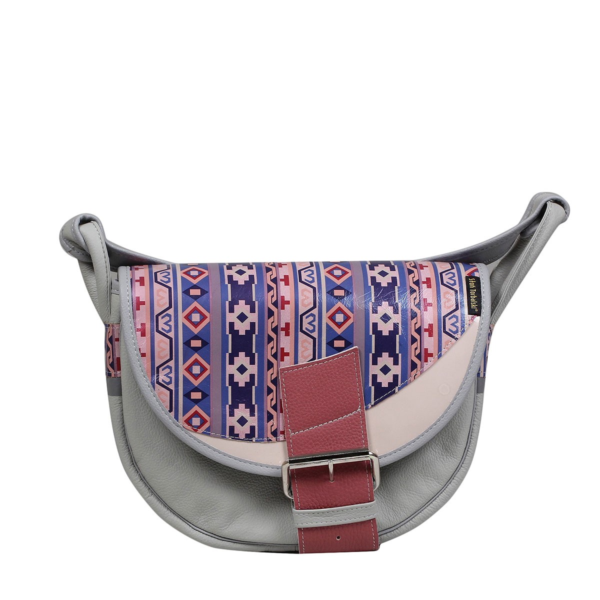  popielata z kolorową ozdobną klapą damska torebka listonoszka skórzana na ramię Freshman Mini