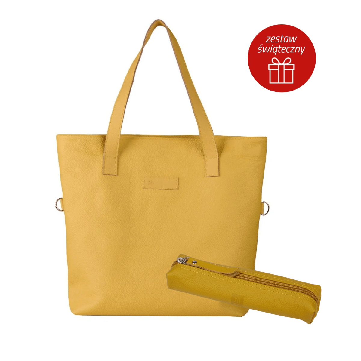 zestaw prezentowy damski z musztardową torebką i piórnikiem skórzanym