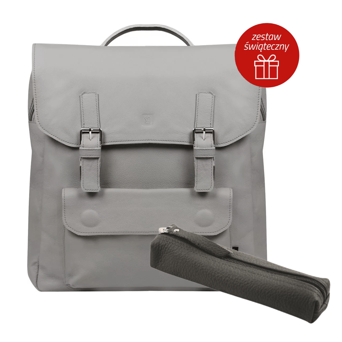 praktyczny zestaw prezentowy unisex z popielatym plecakiem i piórnikiem skórzanym