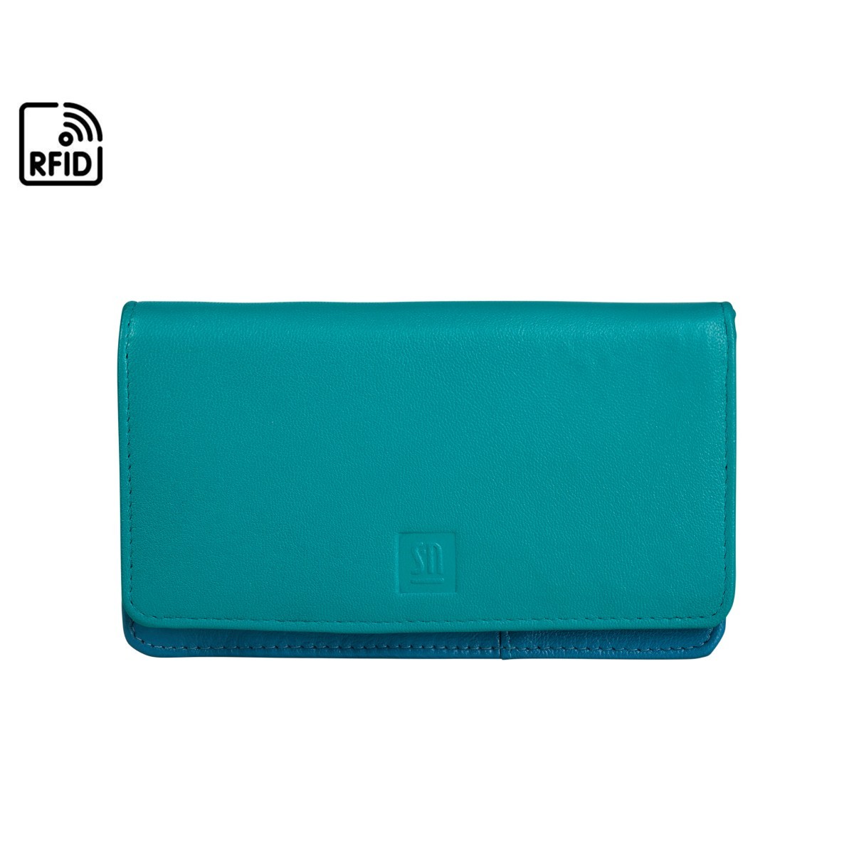 niebieski portfel skórzany damski z kolorowym wnętrzem