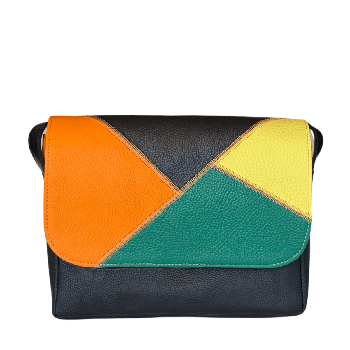 czarna torebka damska skórzana Zula na ramię, z kolorową patchworkową klapą