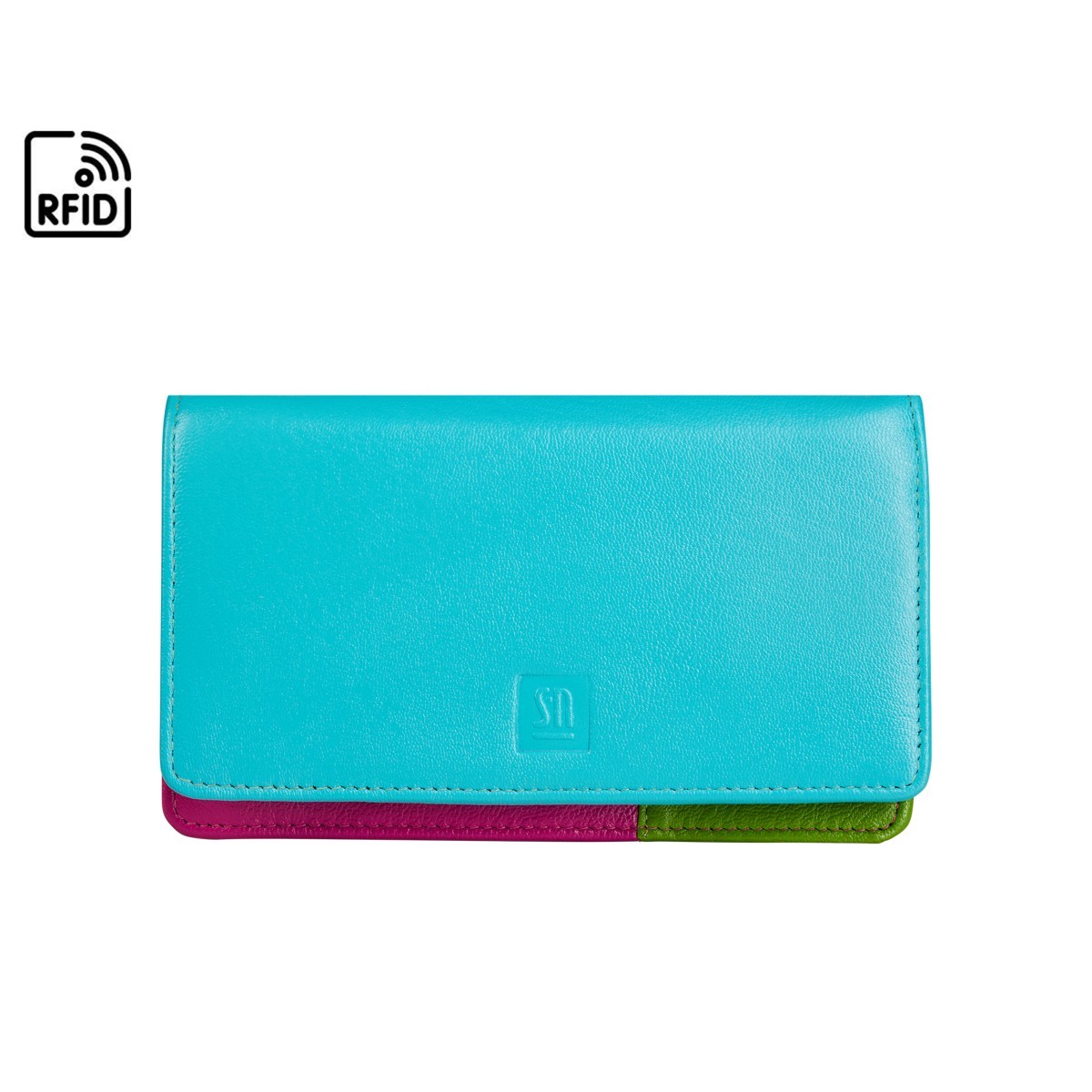 niebieski portfel skórzany damski z kolorowym wnętrzem