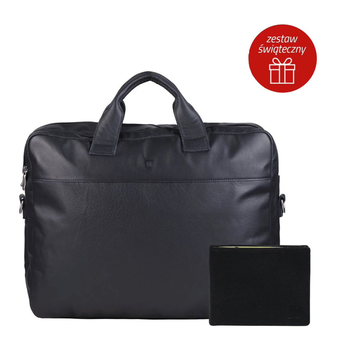 elegancki zestaw prezentowy męski z czarną torbą i portfelem skórzanym