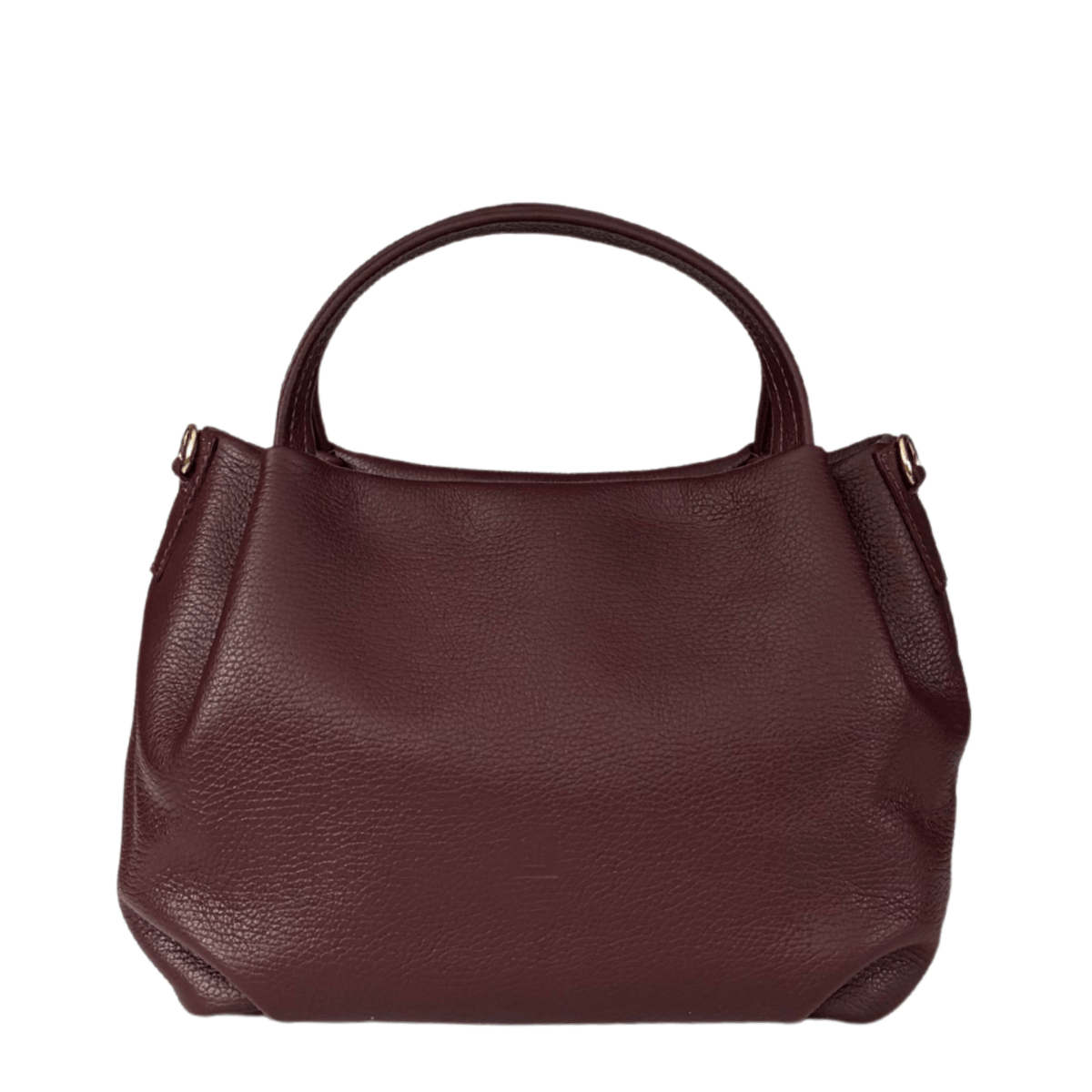 bordowa torebka skórzana damska typu worek, z odpinanym długim paskiem