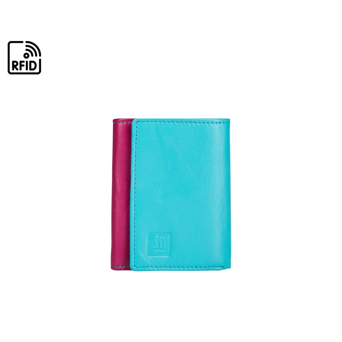 różowo-zielono-niebieski mały portfel skórzany z wyciaganym etui na wizytówki